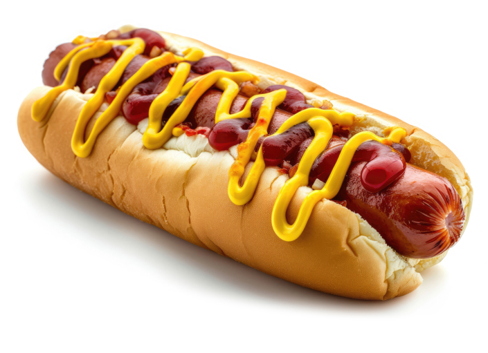 Classic hot dog with ketchup and mustard sauce isolated on white